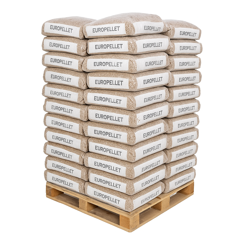 Palette mit Europellet-Holzpellets, 77 Säcke à 15 kg