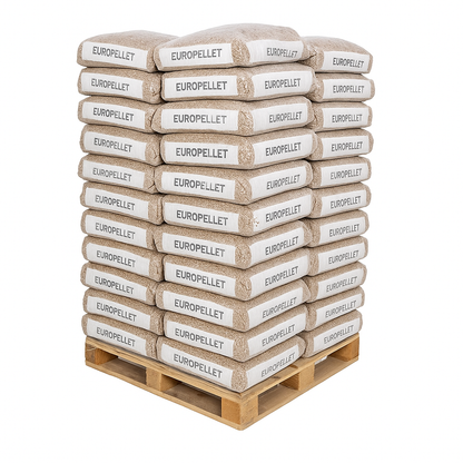 Palette mit Europellet-Holzpellets, 77 Säcke à 15 kg